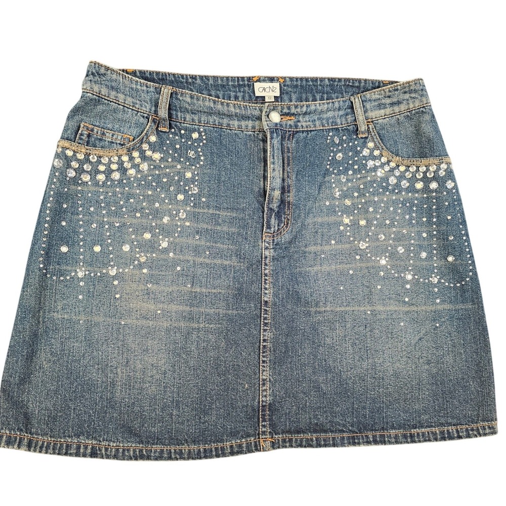 Cache Denim Mini Skirt Blue Rhinestone Embellished Y2K Bling Size 12 Medium Wash
